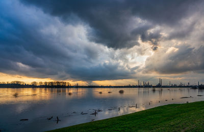 Flood on the rhine, germany. chempark dormagen in the background.