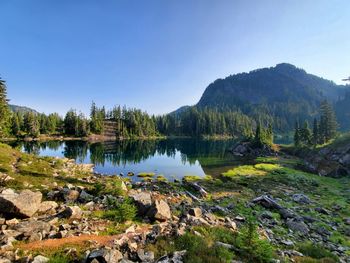 Scenic view of lake and mountains against clear sky