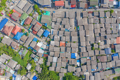 High angle view of multi colored buildings in city