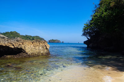 Scenic view of sea against clear blue sky