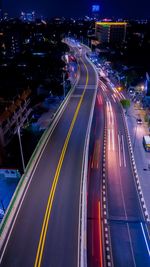 High angle view of light trails on city street