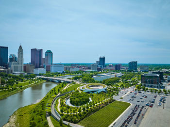 High angle view of cityscape against sky