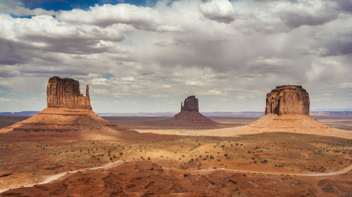 Panoramic view of desert against sky with the three giants in monument valley, usa