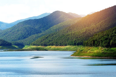 Scenic view of lake and mountains against sky