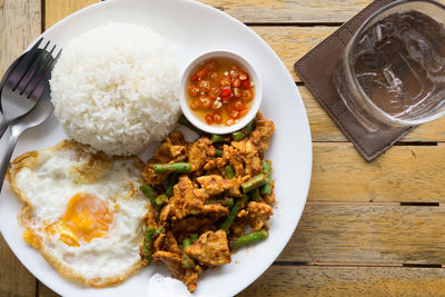 High angle view of breakfast served on table