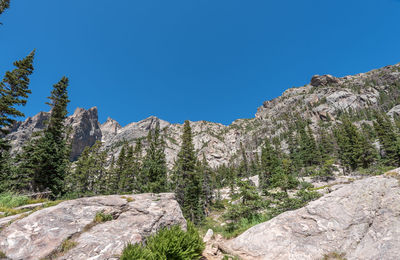 Low angle view of mountain against clear blue sky