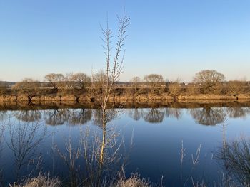 Scenic view of lake against clear blue sky