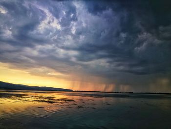 Scenic view of sea against dramatic sky