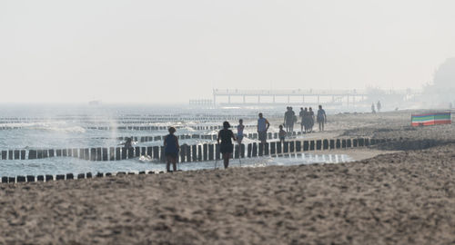 Silhouette people at beach against clear sky