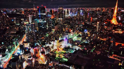 High angle view of illuminated city at night