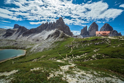 Piana lake and locatelli mountain refuge in tre cime national park