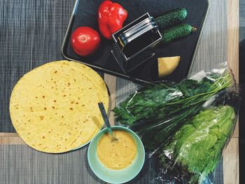 High angle view of breakfast on table