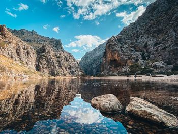 Scenic view of lake and mountains against sky