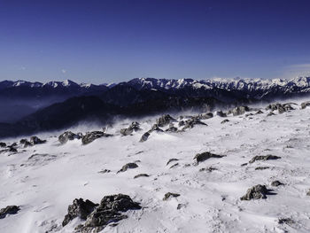 Scenic view of snow covered mountains against sky