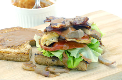 Close-up of sandwich served in plate on table