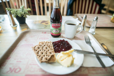 Close-up of food served on table