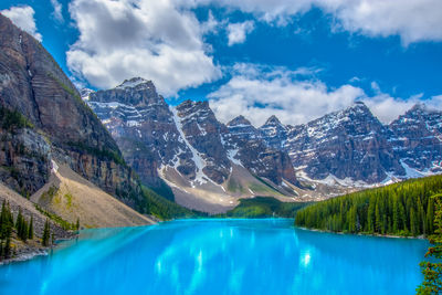 Scenic view of lake by mountains against sky
