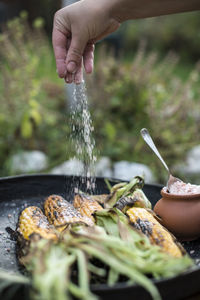 Cropped hand sprinkling salt on corns