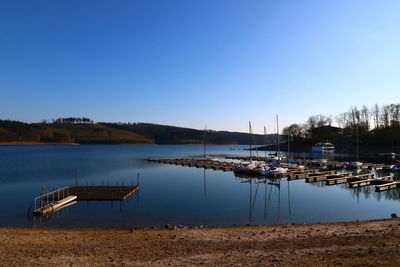 Scenic view of lake against clear blue sky