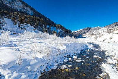 Scenic view of snow mountains against clear blue sky