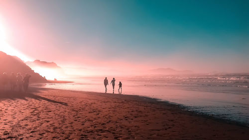 Friends walking on shore at beach against sky during sunset