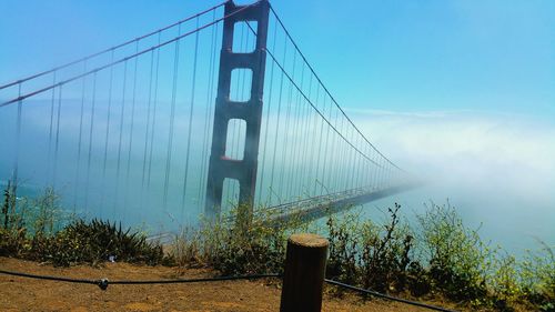 Golden gate bridge over san francisco bay during foggy weather