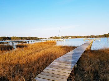 Pier on lake against clear sky