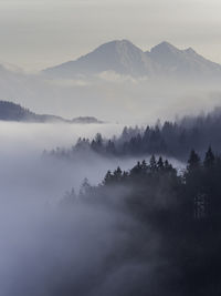 Scenic view of mountains against sky during foggy weather 