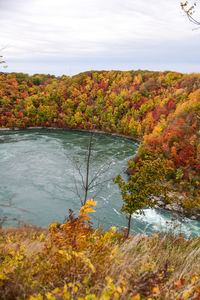 Scenic view of trees by lake against sky during autumn