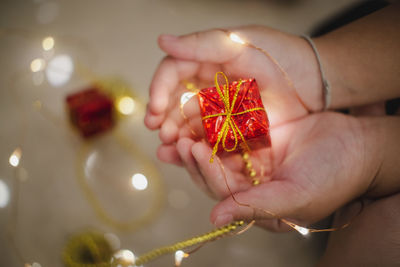 Cropped hands of person holding small gift with illuminated string lights