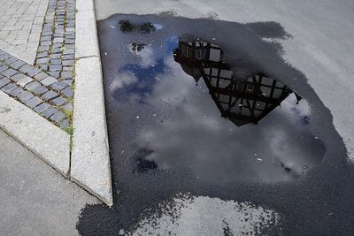 High angle view of wet puddle on street