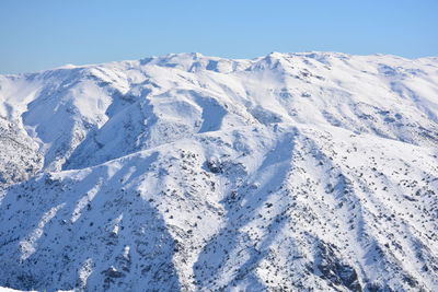 Scenic view of snow mountains against blue sky