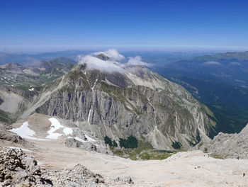 Scenic view of snowcapped mountains against clear sky