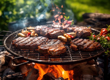 Close-up of meat on barbecue grill