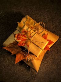 High angle view of dry leaves on paper