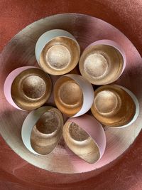 High angle view of eggs in plate on table