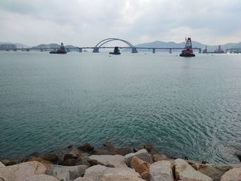 Scenic view of bay against sky