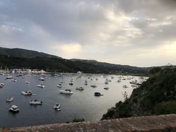 High angle view of boats in marina