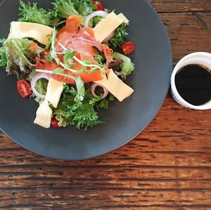 High angle view of salad in plate on table