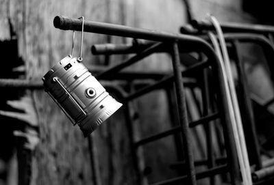 Close-up of padlocks on railing