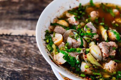 High angle view of soup in bowl on table