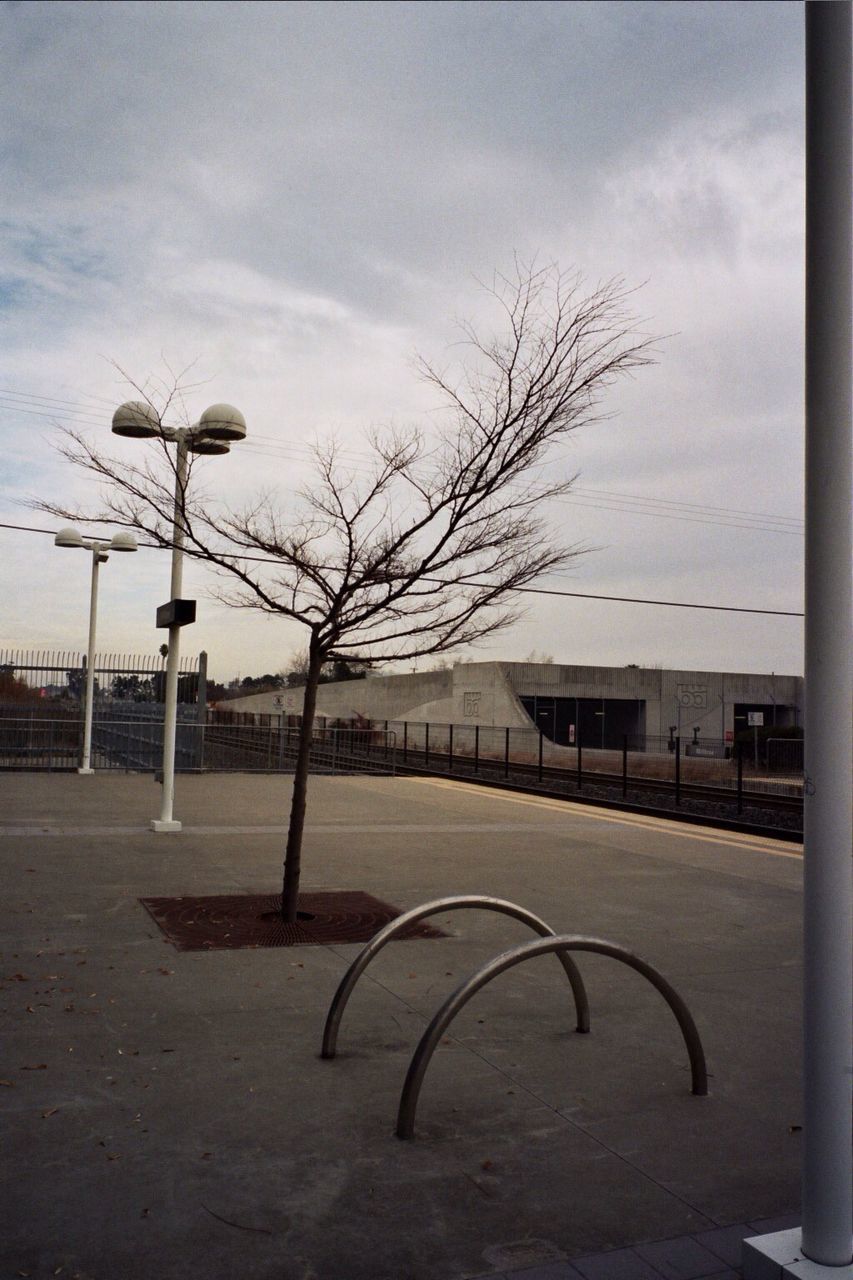 sky, street light, tree, bare tree, built structure, architecture, building exterior, cloud - sky, lighting equipment, bench, empty, absence, cloud, cloudy, branch, lamp post, city, outdoors, no people, day