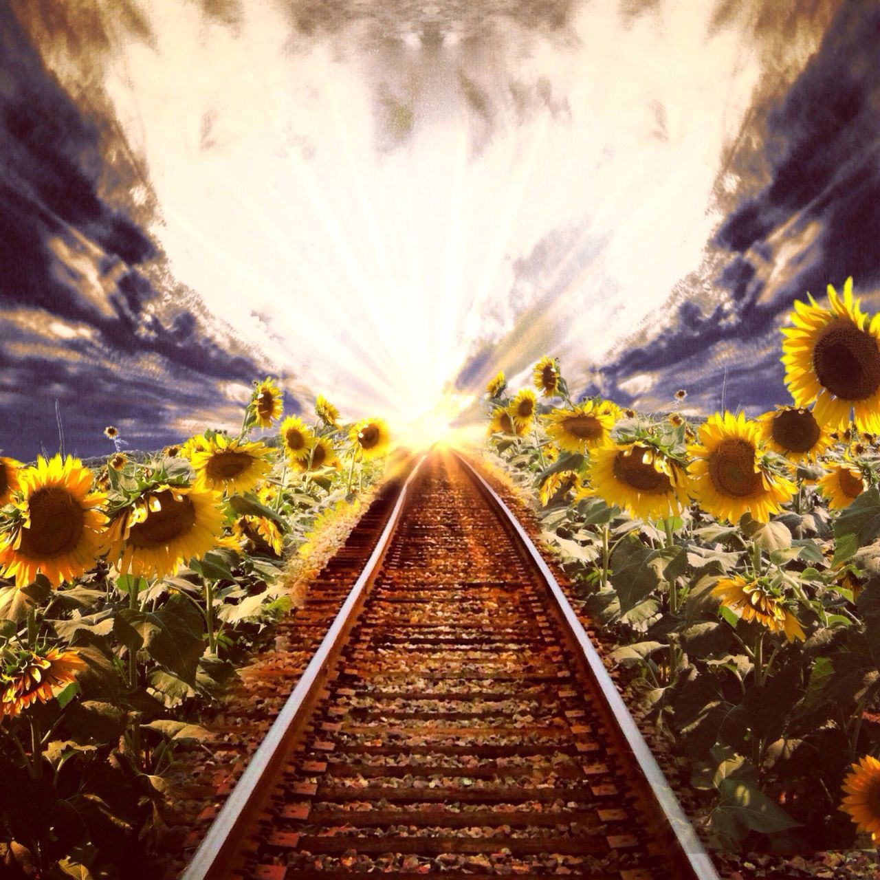 the way forward, yellow, diminishing perspective, flower, vanishing point, sky, nature, growth, beauty in nature, tree, cloud - sky, transportation, sunlight, sunset, tranquility, plant, no people, outdoors, railroad track, tranquil scene