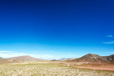 Scenic view of landscape against clear blue sky on sunny day