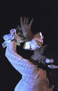 Close-up of hand wearing mask against black background