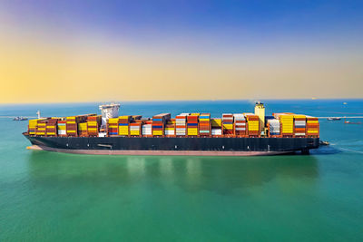 Aerial view of cargo containers for import trade export logistics and international transportation.