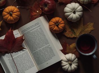 High angle view of coffee and book on table