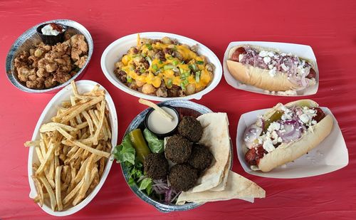 High angle view of meal served on table