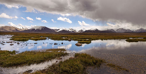 Scenic view of lake by mountains against sky