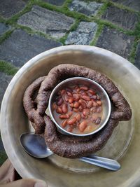 High angle view of food in bowl on table